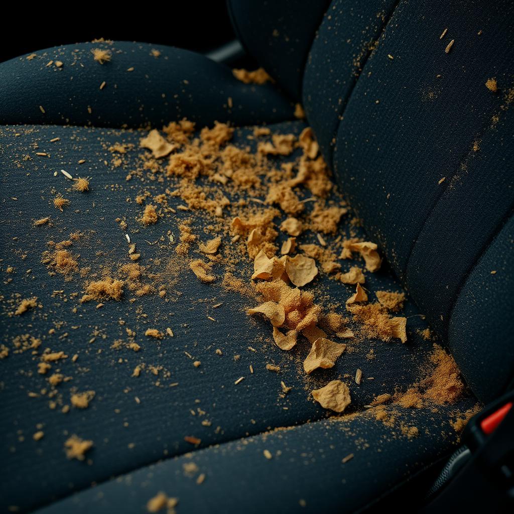Car seat covered in crumbs, sand and debris before cleaning